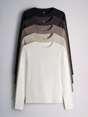 The Set 5 Pack Fitted Crew Neck Long Sleeve T-Shirts Neutral/Brown/Black/Leopard/Cream - Image 1 of 8