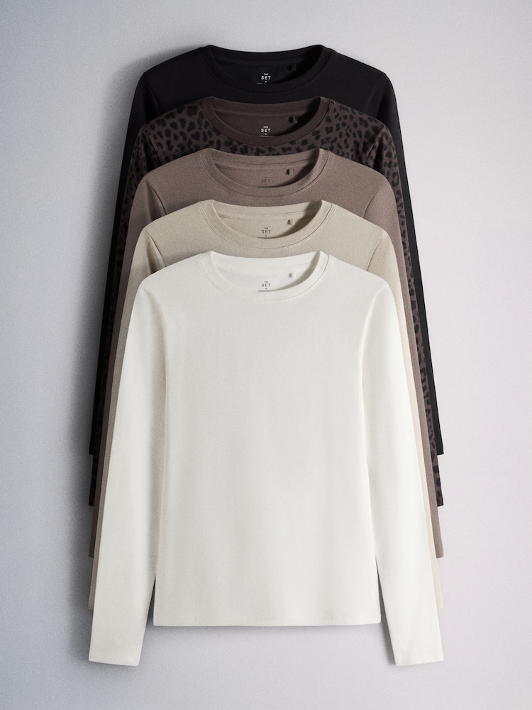 The Set 5 Pack Fitted Crew Neck Long Sleeve T-Shirts Neutral/Brown/Black/Leopard/Cream - Image 1 of 8
