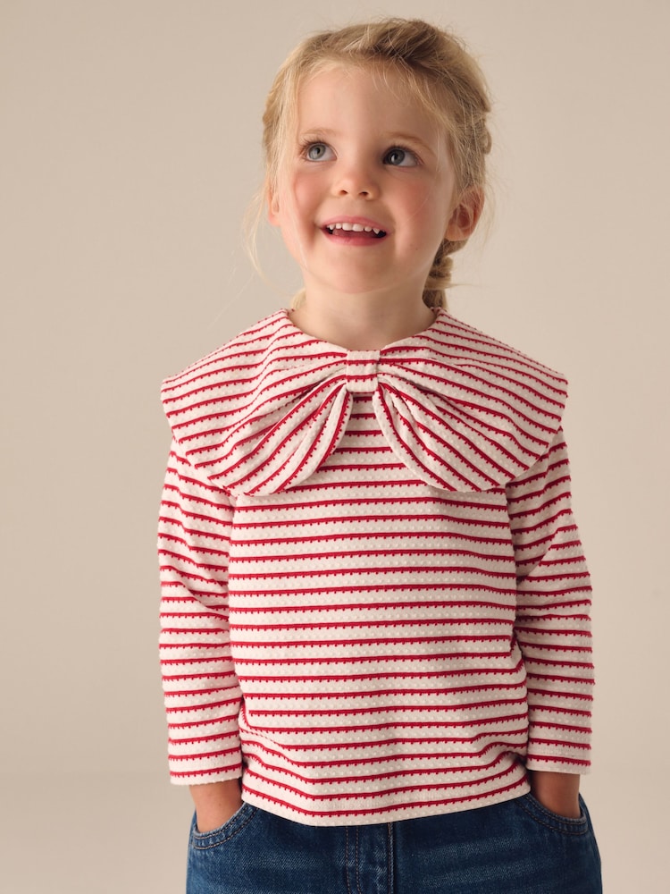 Red Stripe Long Sleeve Textured Collar Top (3mths-7yrs) - Image 1 of 7 Red Stripe Long Sleeve Textured Collar Top (3mths-7yrs) - Image 1 of 7