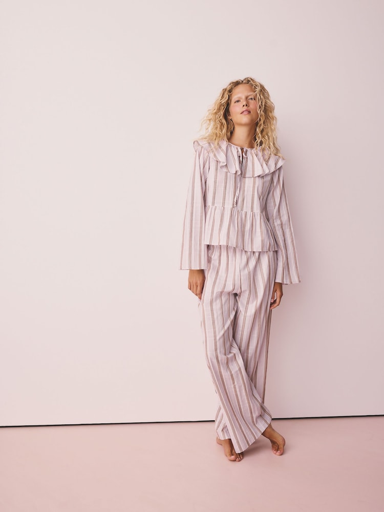 Pink Woven Long Sleeve Peplum Pyjamas - Image 1 of 8 Pink Woven Long Sleeve Peplum Pyjamas - Image 1 of 8
