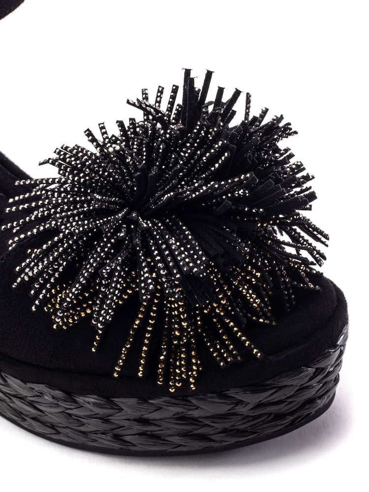Moda in Pelle Black Marco Pom Pom Wedge Sandals - Image 2 of 3