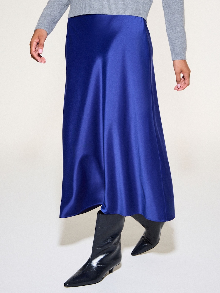 Cobalt Blue Satin Midi Skirt - Image 2 of 5 Cobalt Blue Satin Midi Skirt - Image 2 of 5