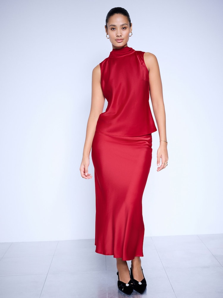 Red Satin Midi Skirt - Image 2 of 4 Red Satin Midi Skirt - Image 2 of 4