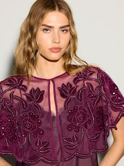 ក្រហម - Short Sleeved Floral Sequin Cape Top - រូបភាព 5 នៃ 8