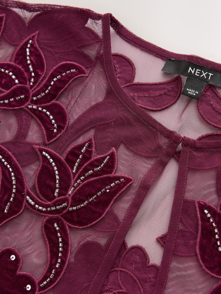 ក្រហម - Short Sleeved Floral Sequin Cape Top - រូបភាព 8 នៃ 8