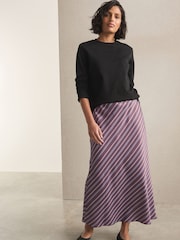 Burgundy Red Stripe Satin Midi Skirt - Image 1 of 8