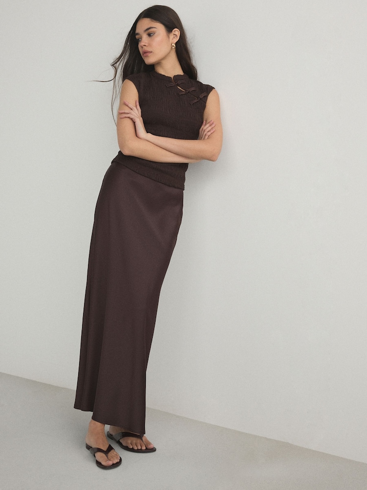 Chocolate Brown Satin Midi Skirt - Image 1 of 5 Chocolate Brown Satin Midi Skirt - Image 1 of 5
