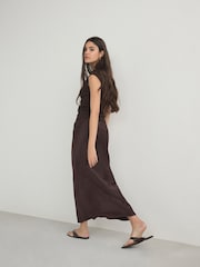 Chocolate Brown Satin Midi Skirt - Image 2 of 5