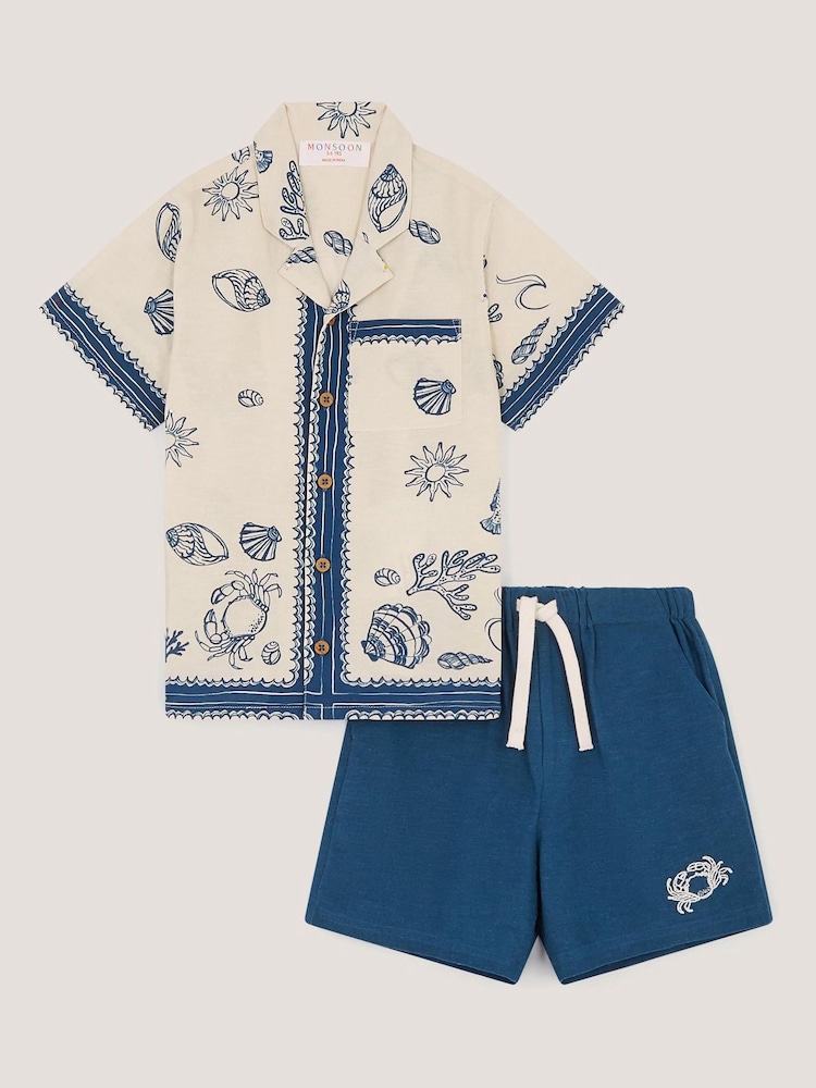 Monsoon Blue Shell Print Shirt & Shorts Set - Image 1 of 3