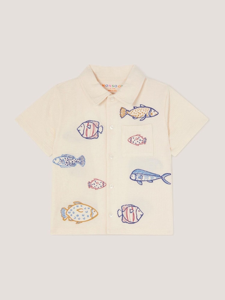 Monsoon Cream Embroidered Fish Short Sleeve Shirt - Image 2 of 4