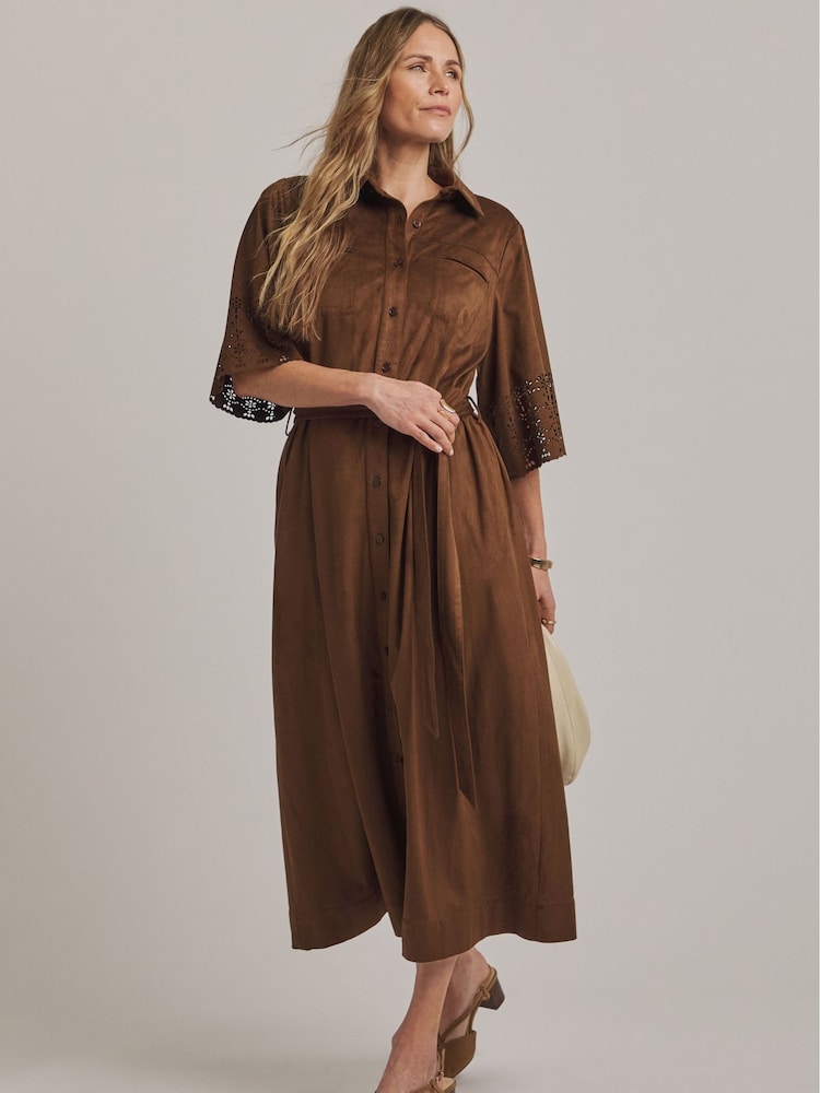 JD Williams Brown Anthology Faux Suede Cutwork Shirt Dress - Image 1 of 4