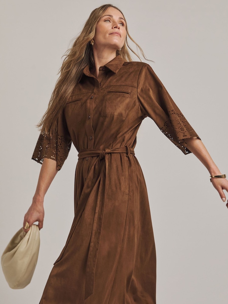 JD Williams Brown Anthology Faux Suede Cutwork Shirt Dress - Image 2 of 4