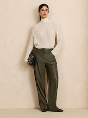 Olive Green Faux Leather Textured Wide Leg Trousers - Image 1 of 8