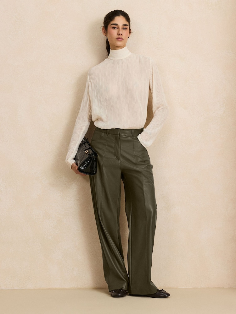 Olive Green Faux Leather Textured Wide Leg Trousers - Image 1 of 8
