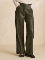 Olive Green Faux Leather Textured Wide Leg Trousers - Image 2 of 8
