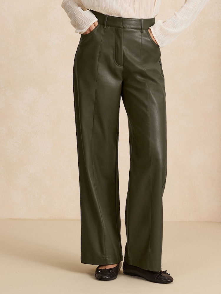 Olive Green Faux Leather Textured Wide Leg Trousers - Image 2 of 8