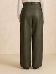 Olive Green Faux Leather Textured Wide Leg Trousers - Image 3 of 8