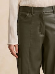 Olive Green Faux Leather Textured Wide Leg Trousers - Image 4 of 8