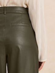 Olive Green Faux Leather Textured Wide Leg Trousers - Image 5 of 8