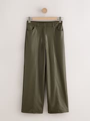 Olive Green Faux Leather Textured Wide Leg Trousers - Image 7 of 8