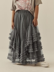Grå - Mesh Tiered Maxi Kjol (3-16år) - Bild 2 av 8