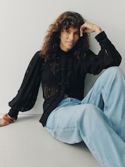 Black Long Sleeved Lace Fastening Blouse - Image 1 of 9