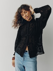 Black Long Sleeved Lace Fastening Blouse - Image 2 of 9