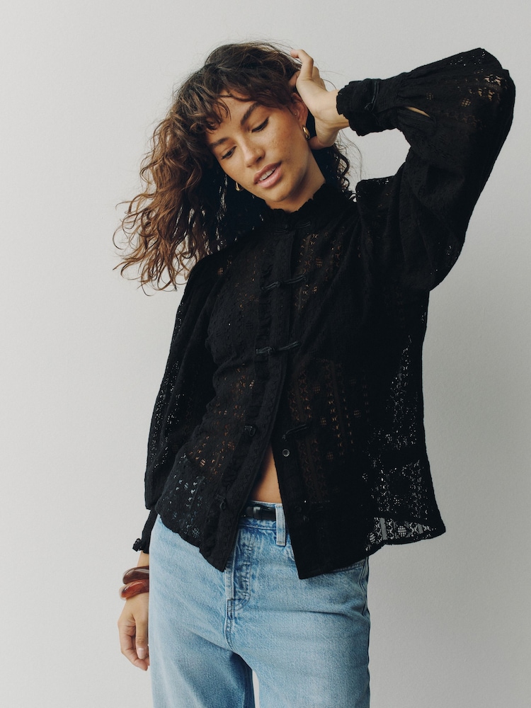 Black Long Sleeved Lace Fastening Blouse - Image 2 of 9 Black Long Sleeved Lace Fastening Blouse - Image 2 of 9