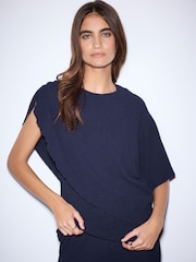 Navy Short Sleeved Textured Cape Top - Image 2 of 7