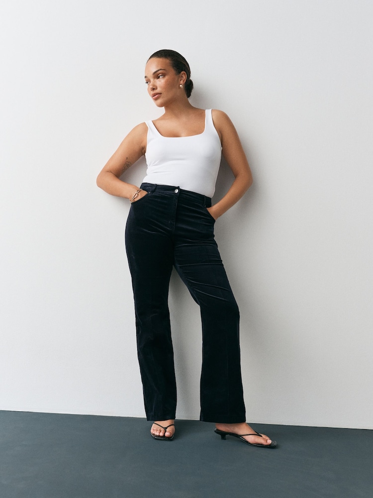 Navy Blue Hourglass Cord Bootcut Trousers with Modal - Image 1 of 4 Navy Blue Hourglass Cord Bootcut Trousers with Modal - Image 1 of 4