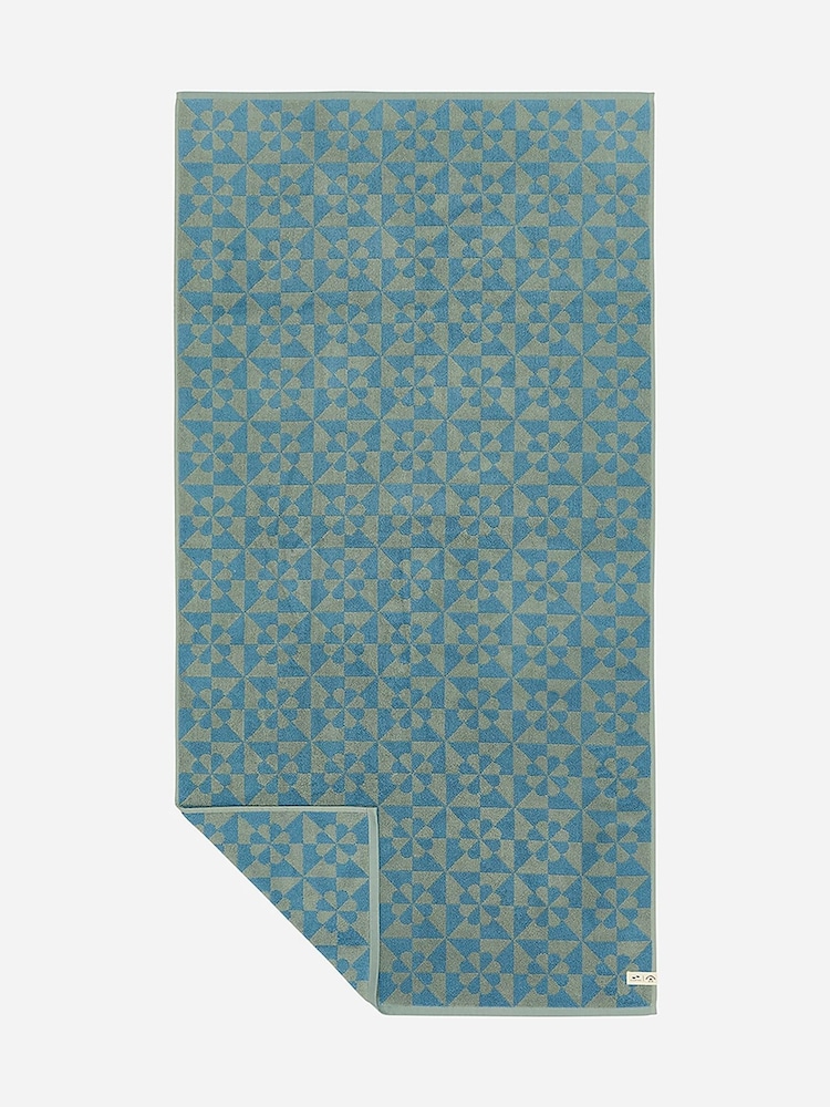 SlowTide Dusty Blue Bex Cotton Printed Patterned Bath Towel - Image 1 of 2