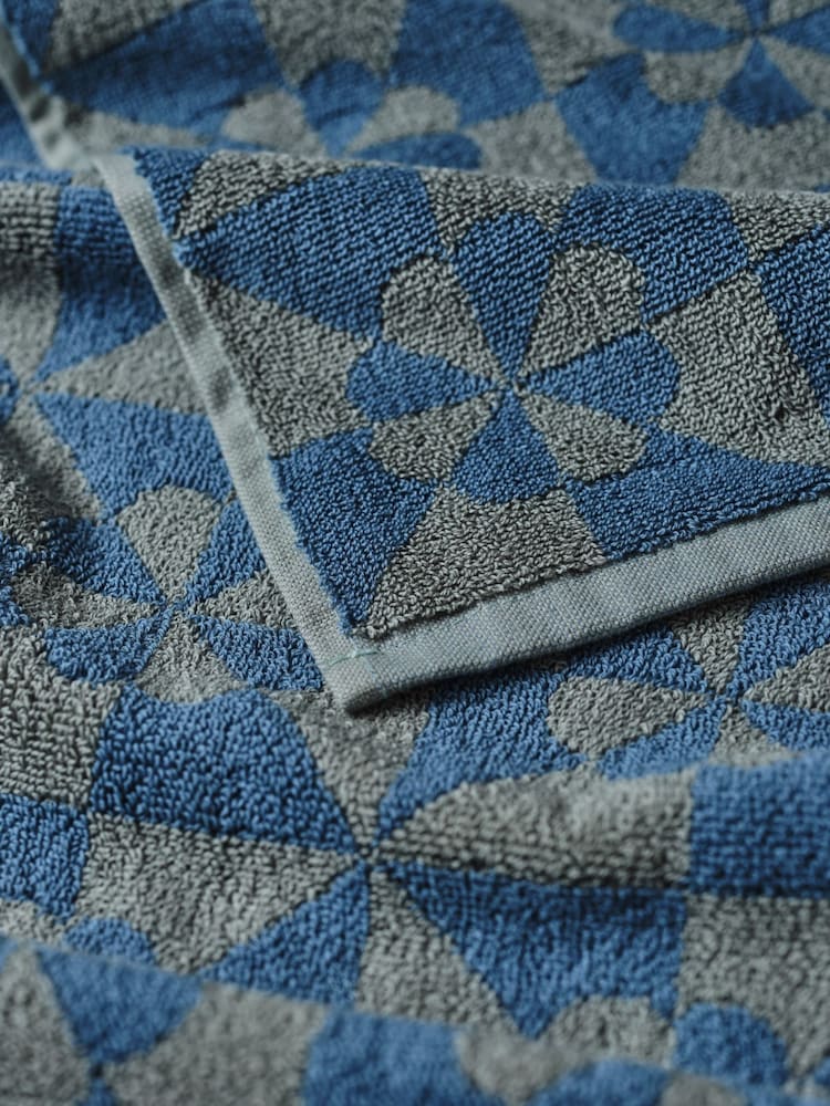 SlowTide Dusty Blue Bex Cotton Printed Patterned Bath Hand Towel - Image 8 of 8