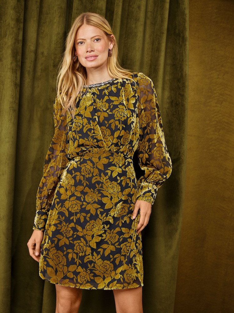 Love & Roses Ochre Yellow Petite Devore Embellished Neck Mini Dress - Image 1 of 5