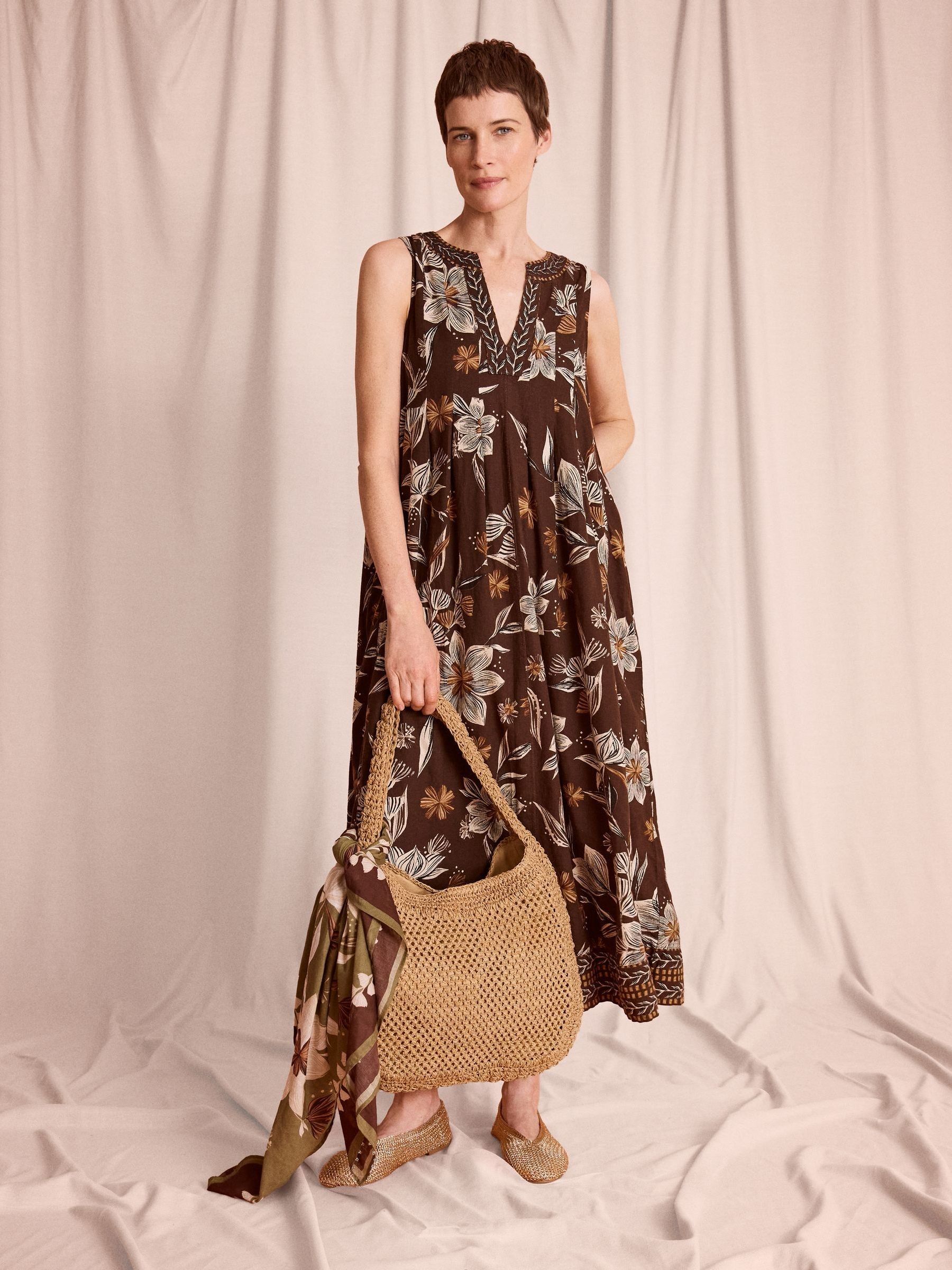Buy Monsoon Brown Esther V-Neck Sleeveless Floral Linen Blend Midi