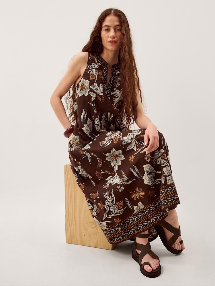 Monsoon Brown Esther Floral Linen Blend Midi Dress - Image 1 of 6