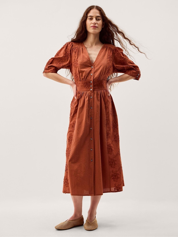 Monsoon Brown Harika Floral Embroidered Midi Dress - Image 1 of 5