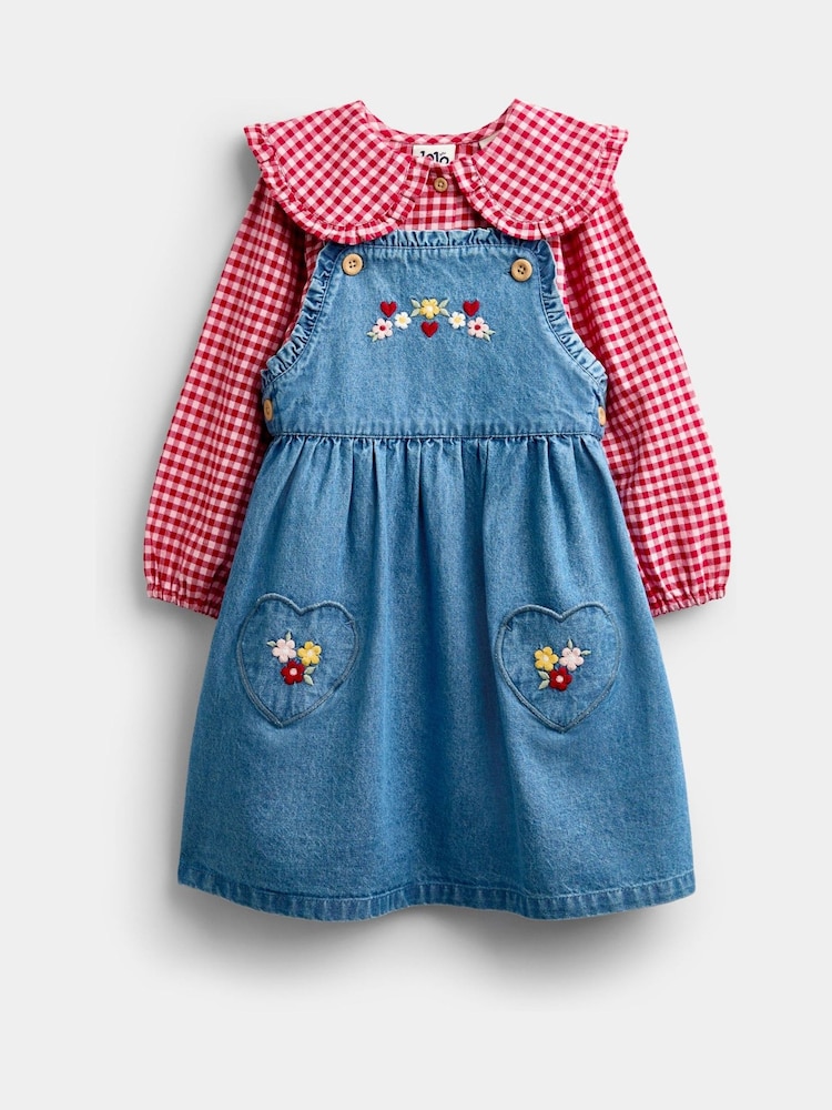 Jojo Maman Bébé Chambray Blue Shirt & Heart Pocket Dress Set - Image 1 of 8 Jojo Maman Bébé Chambray Blue Shirt & Heart Pocket Dress Set - Image 1 of 8