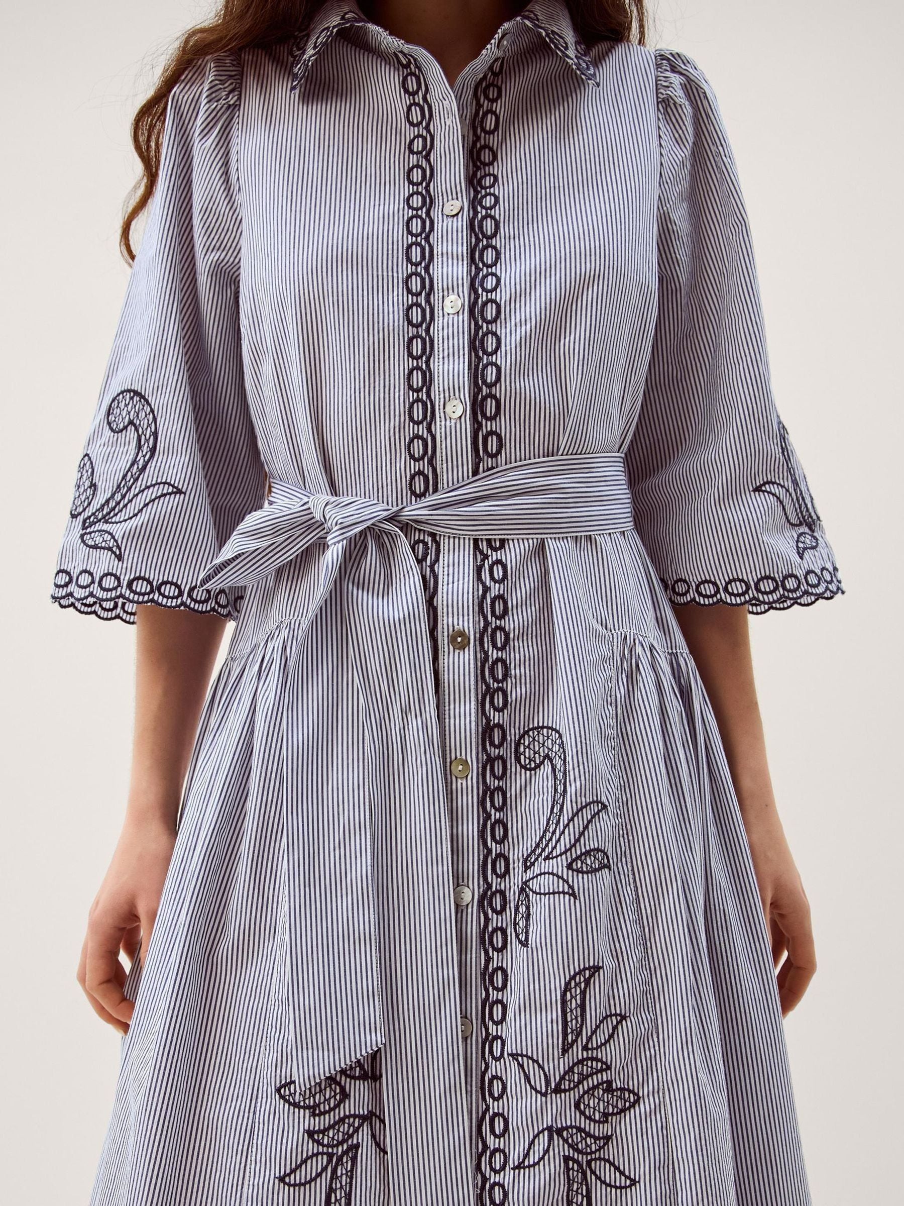 Buy Monsoon Blue Kirsty Embroidered Stripe Midi Cotton Shirt Dress