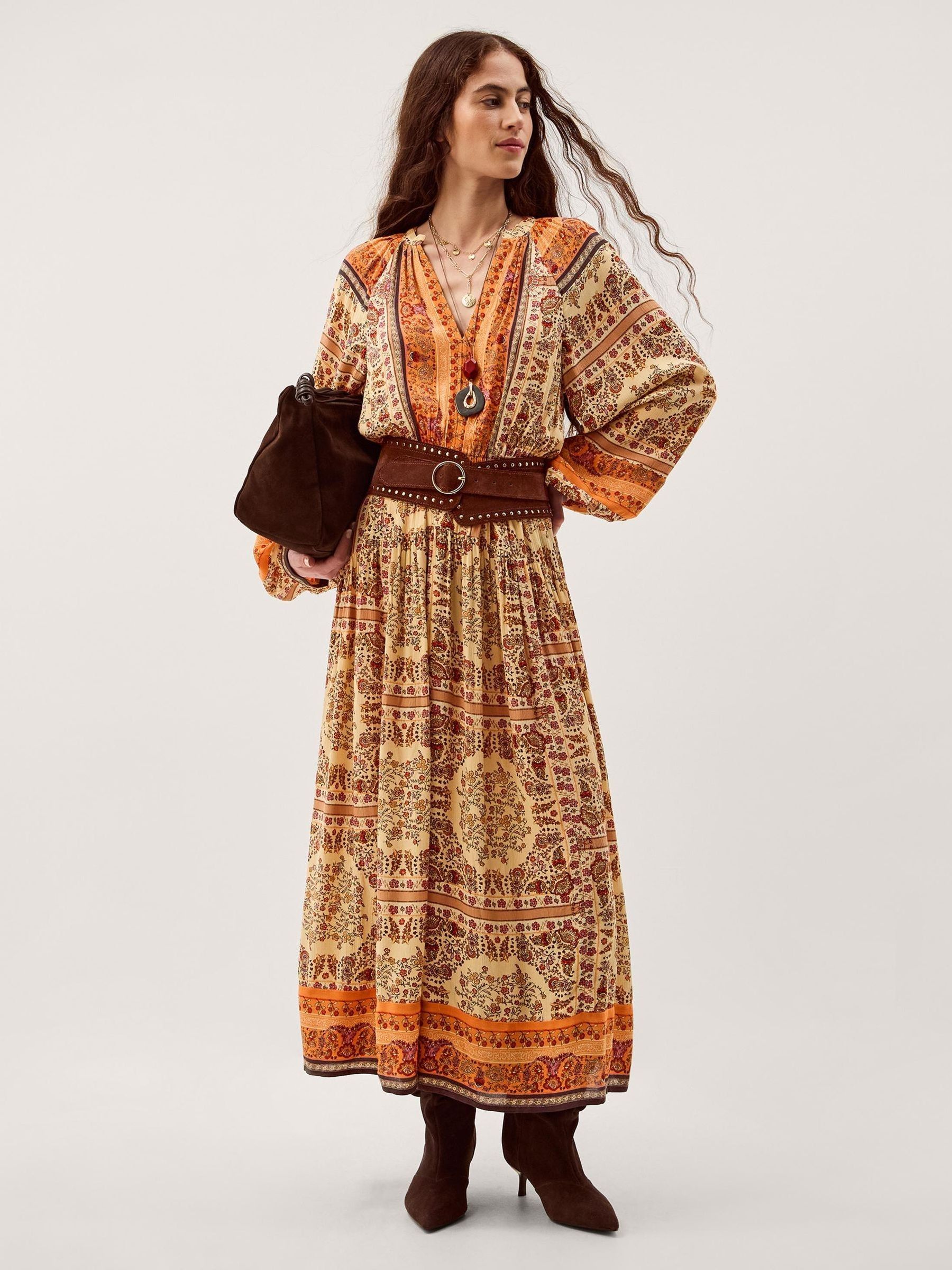 Buy Monsoon Orange Ines V-Neck Floral Print Long Sleeve Midi Dress