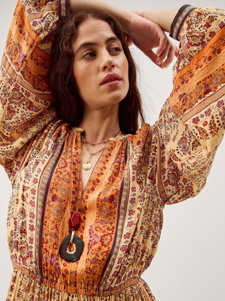 orange floral long sleeve midi dress Toperth Orange Floral Long Sleeve Midi Dress  Toperth