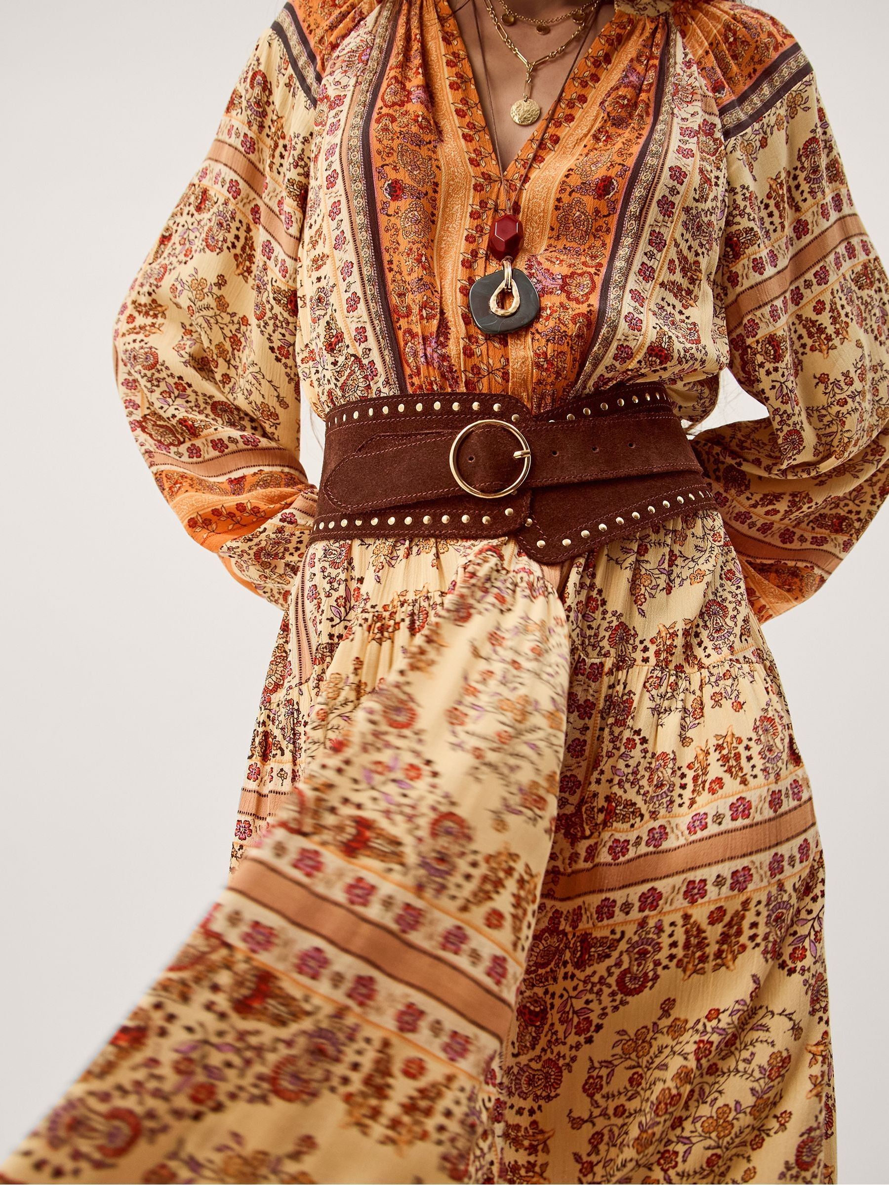 Buy Monsoon Orange Ines V-Neck Floral Print Long Sleeve Midi Dress