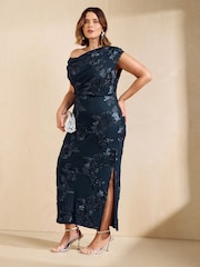 Friends Like These Navy Curve Lace Detail One Shoulder Midi Dress - Image 1 of 5