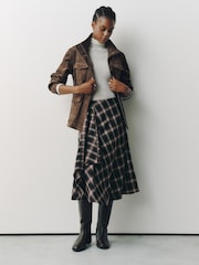 Brown Check Asymmetric Drape Midi Skirt - Image 1 of 8