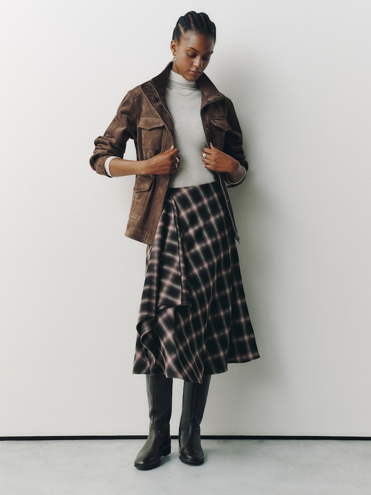Brown Check Asymmetric Drape Midi Skirt - Image 1 of 8 Brown Check Asymmetric Drape Midi Skirt - Image 1 of 8