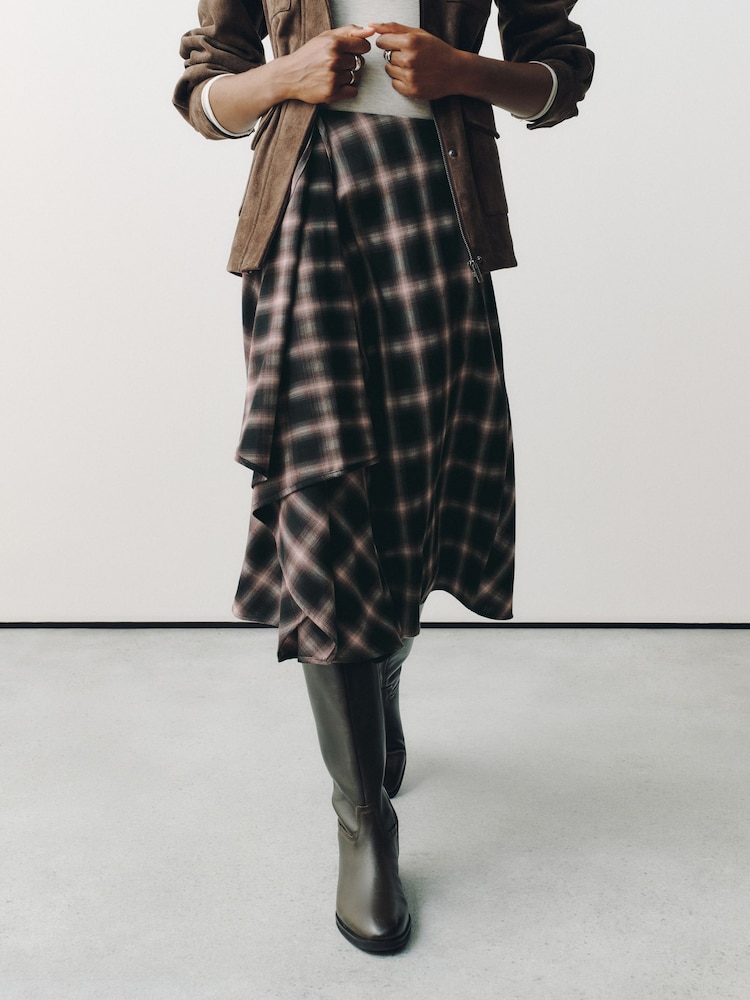 Brown Check Asymmetric Drape Midi Skirt - Image 2 of 8 Brown Check Asymmetric Drape Midi Skirt - Image 2 of 8
