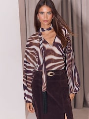 Lipsy Brown Animal Print V-Neck Voluminous Blouse With Detachable Fringe Scarf - Image 1 of 5
