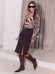 Lipsy Brown Animal Print V-Neck Voluminous Blouse With Detachable Fringe Scarf - Image 2 of 5