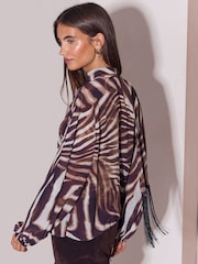 Lipsy Brown Animal Print V-Neck Voluminous Blouse With Detachable Fringe Scarf - Image 4 of 5