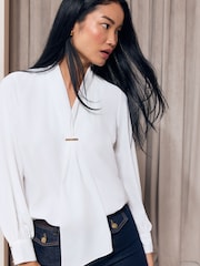Lipsy White Tie Drape Front Gold Trim Woven Blouse - Image 1 of 6
