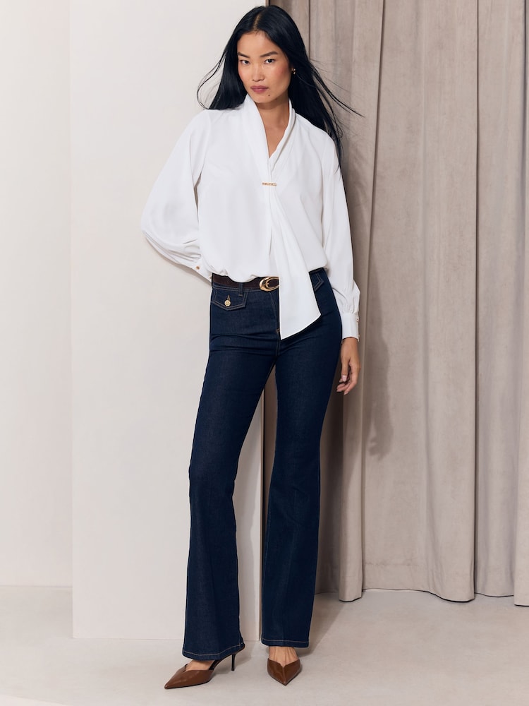 Lipsy White Tie Drape Front Gold Trim Woven Blouse - Image 2 of 6